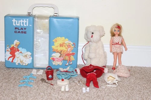 Vintage 1965 Mattel Tutti Blue Case Blonde Tutti Doll W/ Clothes & Dog