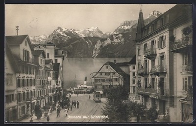 Brunnen, Partie mit Straßenbahn und Blick zum Urirotstock, Ansichtskarte 1925 