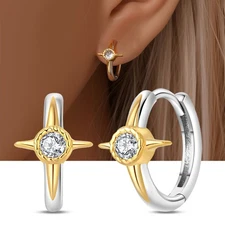 KUNSIR 925 Sterling Silver Two-Tone Vintage Cross Hoop Earring For Women Jewelry