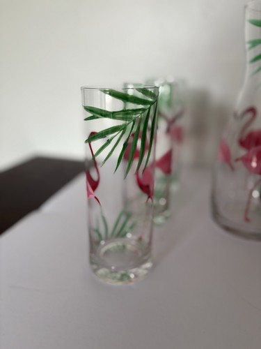 Pier 1 Fannie Flamingo Hand Painted Carafe & 6 Tall Collins Glasses -Brunch - Picture 4 of 8