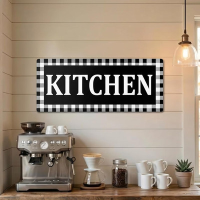 Kitchen Sign Buffalo Plaid Wooden Black and White Wall Decor 13.8'' x 5.1'' Rustic