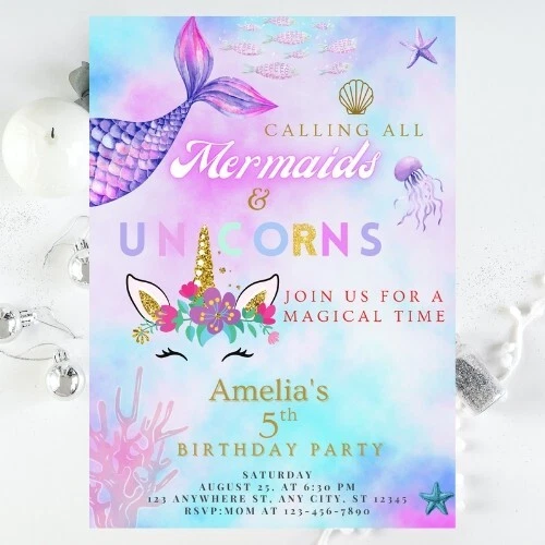 Brillo Neón Sirena Unicornio Cumpleaños 4 en 1 Video Invitación Frontal y Etiqueta de Gracias Foto 3 de 4