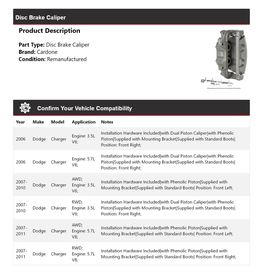 For 2006-2011 Dodge Charger Disc Brake Caliper Cardone 2007 2008 2009 2010 - Image 2 of 4
