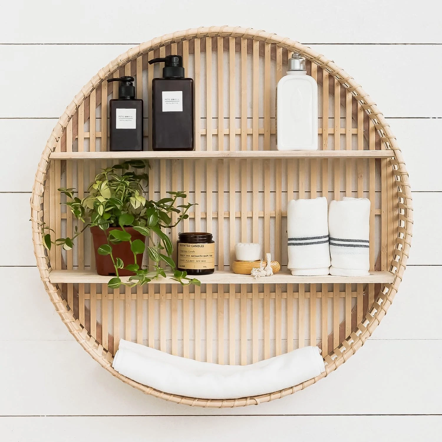Boho Rattan 3-Tier Wall Shelf - Circular Floating Display Rack for Home Decor