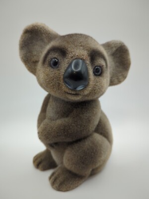 VINTAGE FLOCKED PLASTIC KOALA BEAR STATUE MONEY BOX PIGGY BANK MADE IN HONG KONG