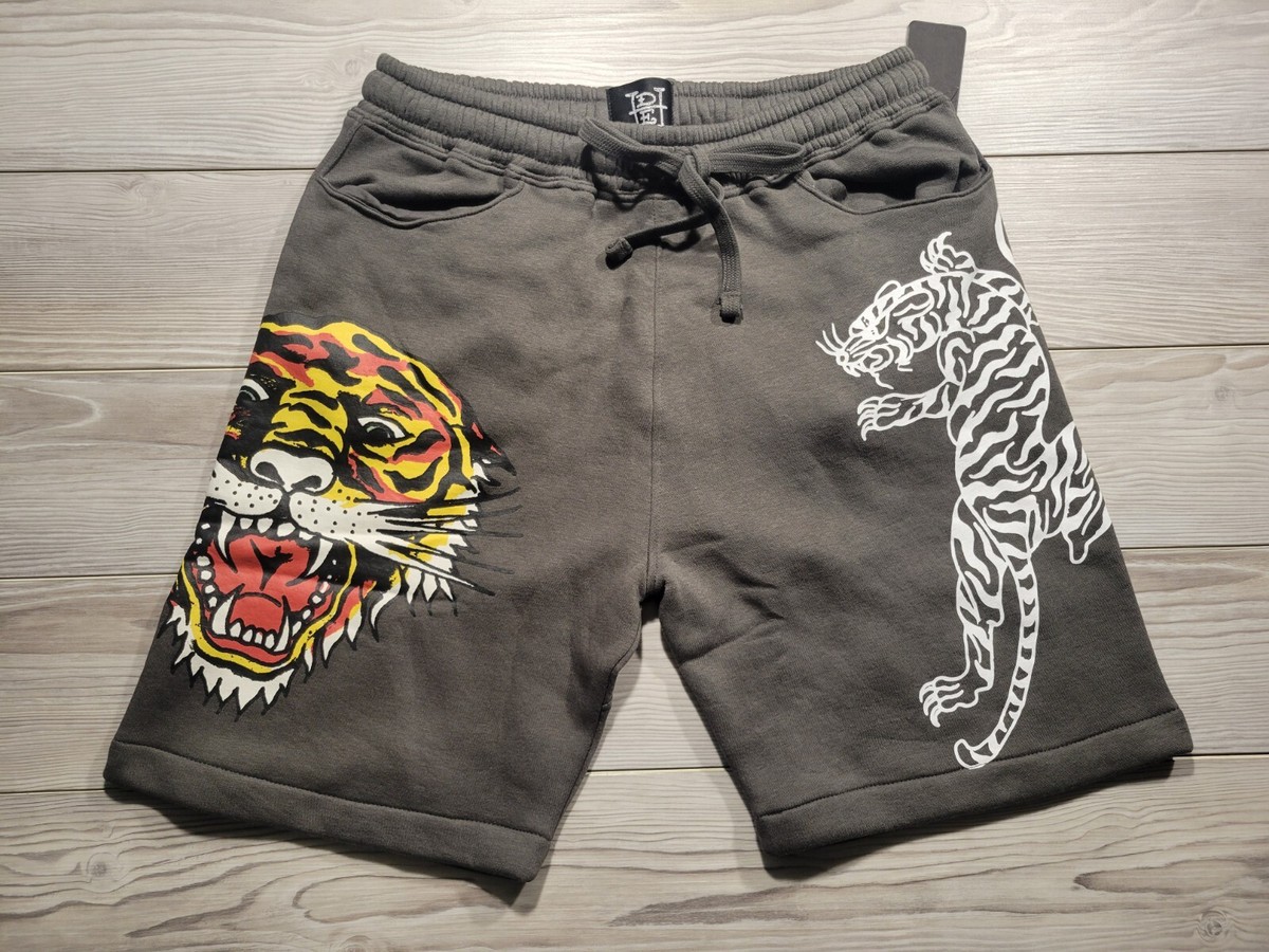 Ed Hardy Tiger Graphic Sweat Shorts Charcoal Gray Drawstring