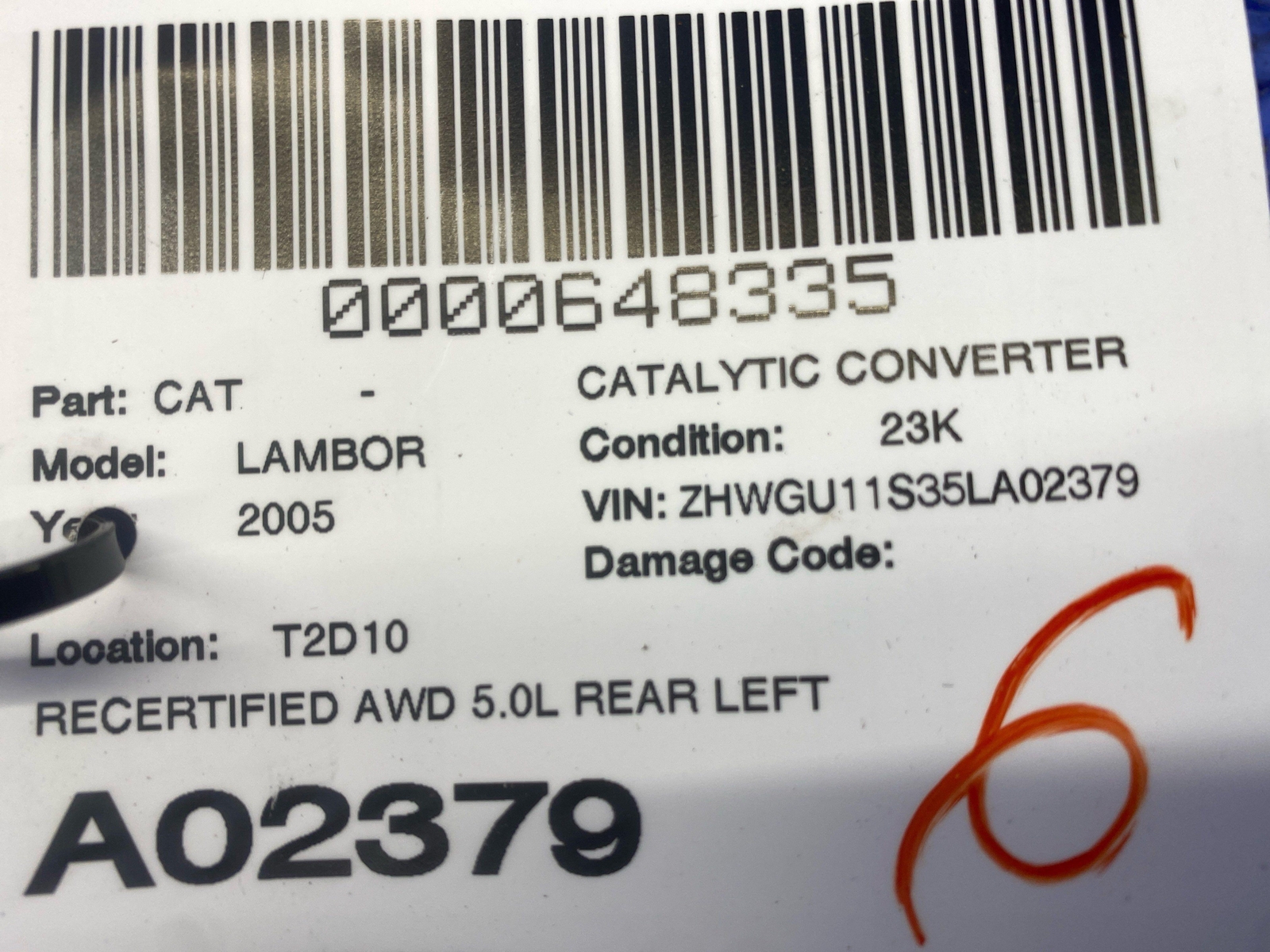 2005 LAMBORGHINI GALLARDO RECERTIFIED CATALYTIC CONVERTER U/VGA/07L251355/0205