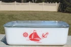 Vtg McKee Sailboat Anchor Wheel Refrigerator Dish Clear Lid 8x5 Milk Glass Old