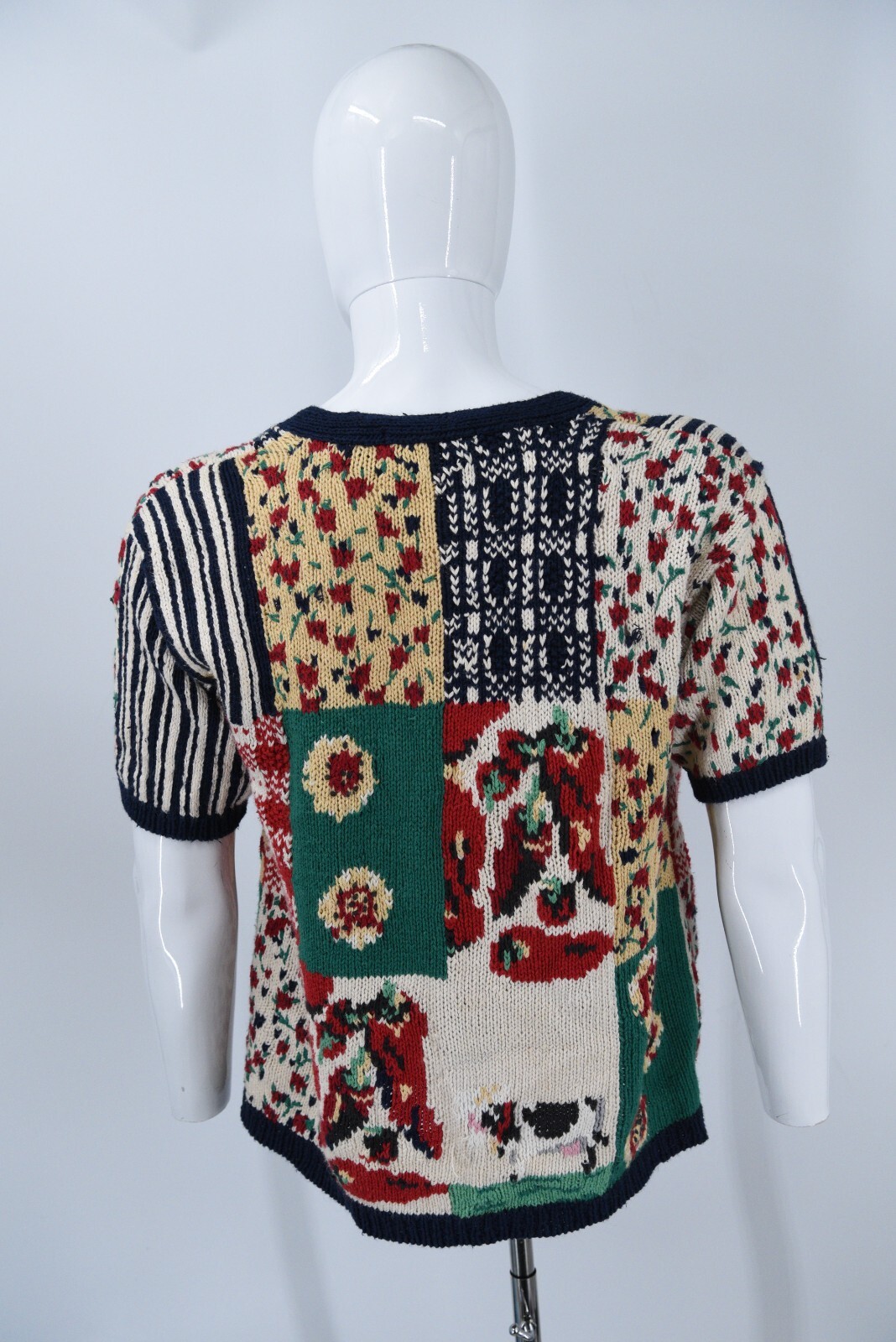 Vintage Eagles Eye Hand Knit Patchwork Short Slee… - image 2