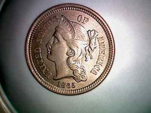 1865 Three Cent Nickel Piece Uncirculated Top MS++ Condition.  "TCN65"
