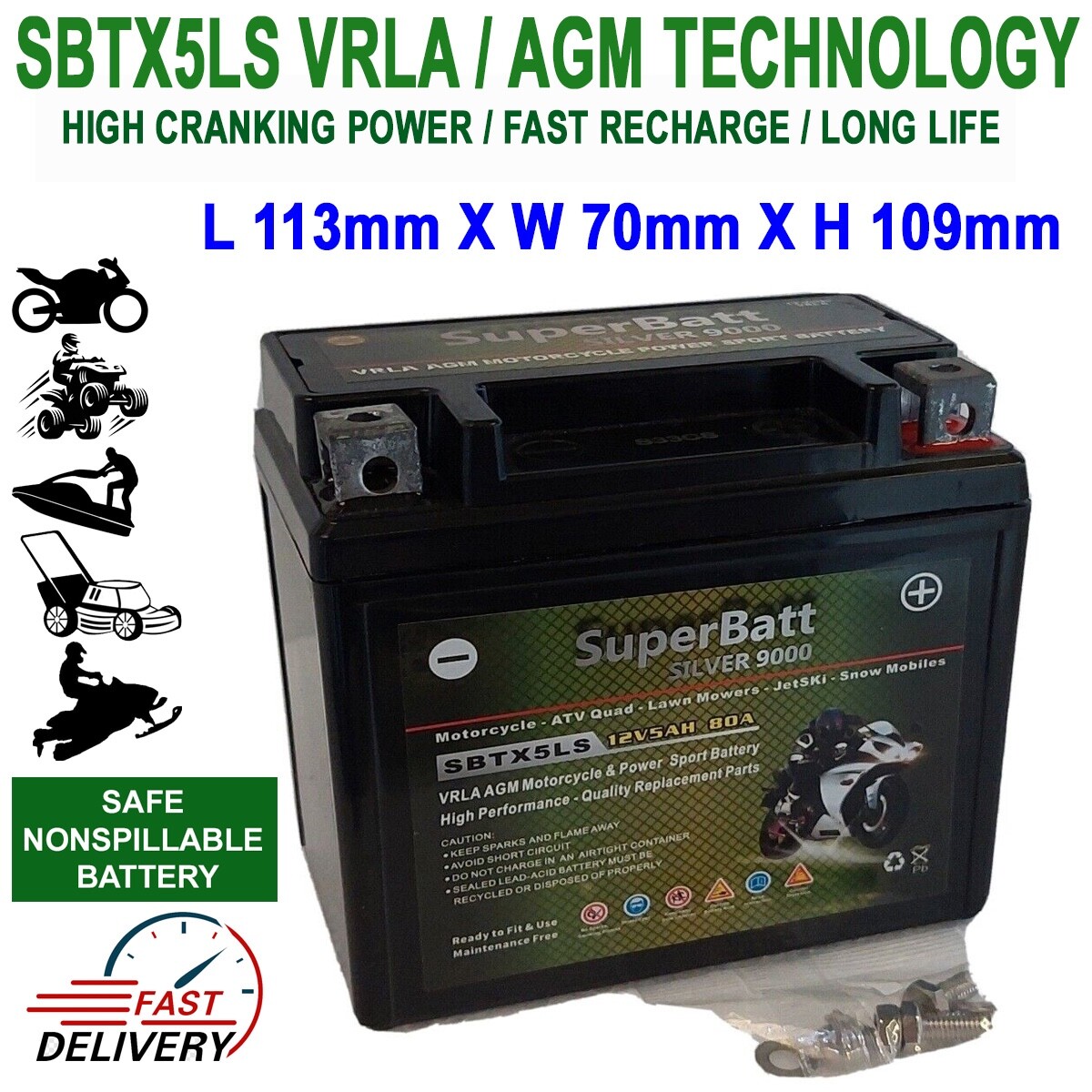 SBTX5LS MOTORCYCLE MAINTENANCE FREE 12V (VOLT) BATTERY DTX5L-BS