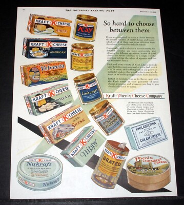 1928 OLD MAGAZINE PRINT AD, KRAFT CHEESE PRODUCTS, HARD TO CHOOSE BETWEEN THEM!