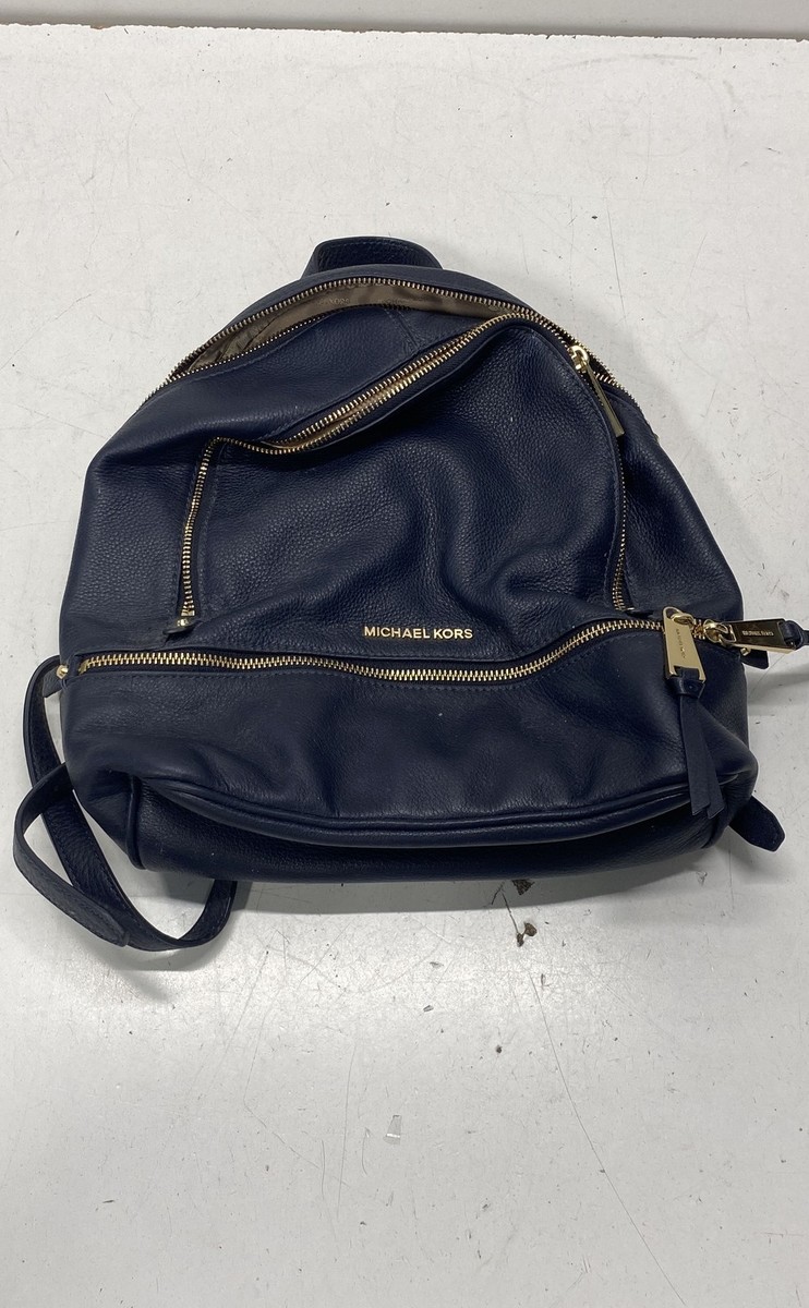 Michael Kors Navy Blue Pebbled Leather Rhea Zip Backpack Gold