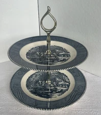 Vintage Currier & Ives 2- Tier Tidbit Tray- Royal Ironstone Old Grist Mill