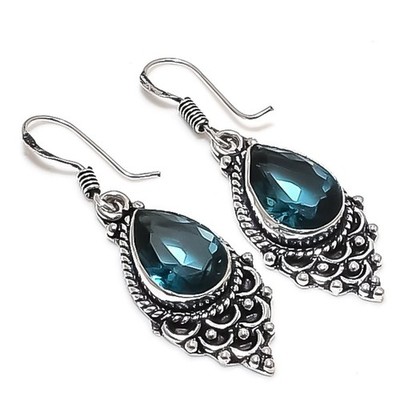 London Blue Topaz Gemstone Handmade 925 Sterling Silver Jewelry Earring Sz 1.7''