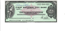 Vintage Uncashed Traveler's Check - First National City Bank Pre-Citicorp $ 100