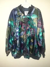 Women's Vintage Venezia Teal Green Blue Abstract Satin Bomber Jacket Size 22/24