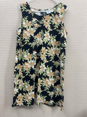 White Stag Womens Size XL Black Floral Linen Blend Dress Sleeveless Pockets
