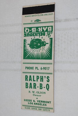 Ralph's Bar-B-Q Los Angeles California 20 Strike Matchbook Cover