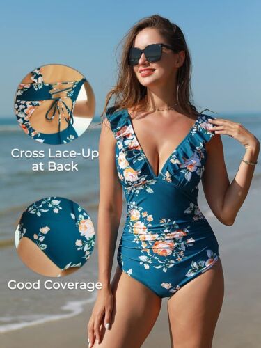 Women's Deep Blue Floral Ruffled One-Piece Swimsuit Size Large - Picture 7 of 9