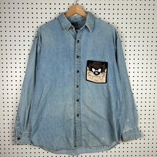 Vintage Taz Denim Long Sleeve Shirt Medium 90s Distressed Worn Costume Warner