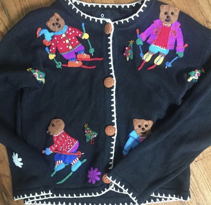 Suéter Michael Simmons Niñas Abotonado Negro Navidad Osos de Esquí Talla 10 Foto 2 de 4