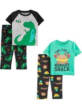 Boys' 4-Piece Pajama Set Short Sleeve Poly Top  Fleece Bottom Grey/Green/Din...