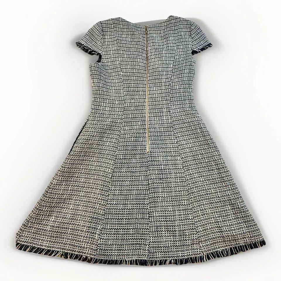 Eliza J Tweed Fringe Trim Dress Navy White Cap Sleeve A-Line Women’s 10 - Image 2 of 4