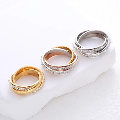 Damen Ring dreiteiligen Volldiamantringen Edelstahl Gold Silber, einzigartiges - Bild 1 von 4