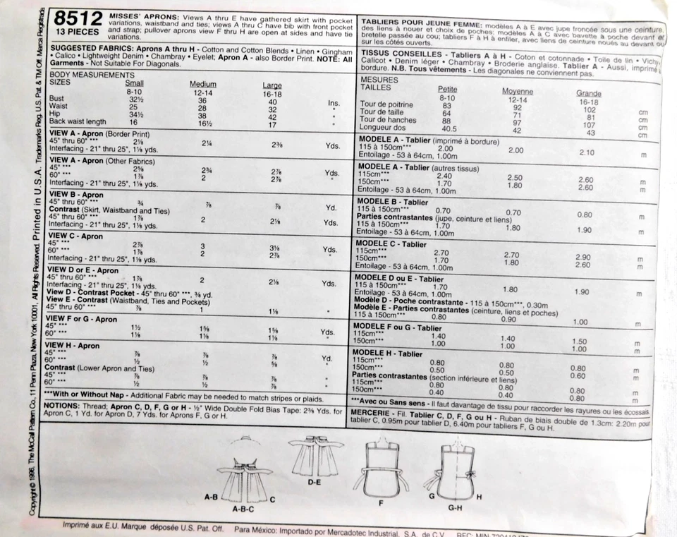 McCalls Pattern 8512 Misses  8 Aprons ~ Eight Styles One Size UNCUT FF - Image 2 of 4