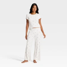 Women's Pointelle Short Sleeve Shirt and Pants Pajama Set - Auden Cream