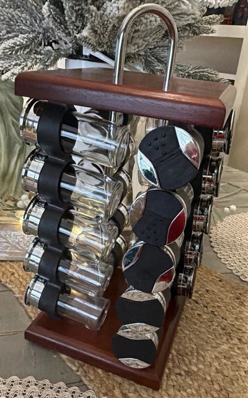 Revolving Wooden Spice Rack Countertop 20 glass pre-labeled jars 14.5x7.5