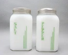 Vintage Hazel Atlas Green Vertical Lines Milk Glass Range Salt & Pepper Shakers