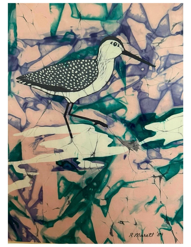 Serigrafía Shore Bird Print vintage de los años 80 por R Merett - Firmado, marco original 16”x30” Foto 2 de 4