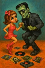 Big Eyes Frankenstein And Girl Dancing - 18x24 Art Print - Retro 1960’s Style
