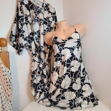 VTG Kathryn Silky Satin Babydoll Chemise Robe Set Size Lg Black White