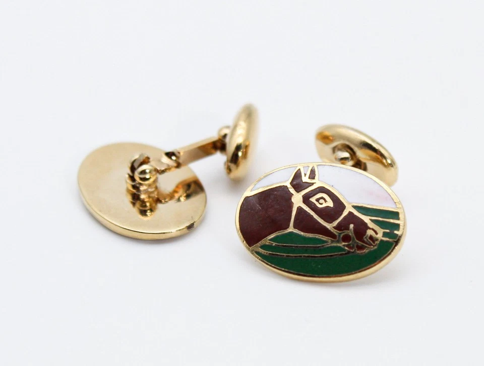 Vintage Gold Toned Enameled Horse Animal Motif Oval Men's Cufflinks - Image 3 of 4
