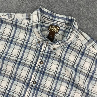 C.E. Schmidt Mens Button Down Shirt 2XL Plaid Short Sleeve Blue White Gray