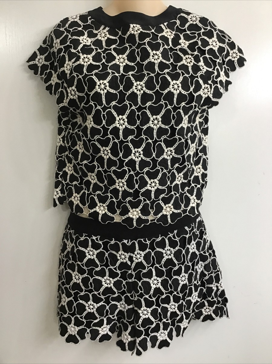 Alice And Olivia 2pc Set Black Floral Embroidered Sleveless Top