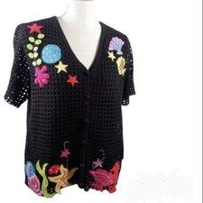 Vintage Hampshire Studio Sweater -Ocean -Short Open Knit Sleeve Medium -Grandma