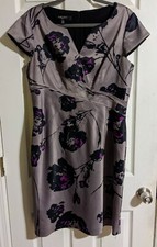 Nine West Dress 14 Floral Print Taupe Purple Cap Sleeve Modern Pencil Chic
