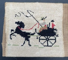 VTG Completed Cross Stitch Horse & Carriage Black on Old Linen NOT Framed 5 x 4"