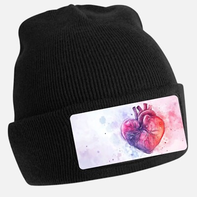 Black Beanie Hat with Beautiful Watercolour Heart Motif Unisex Cotton