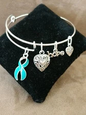Expandable Handmade Silver  Bangle Charm Bracelet Teal Ribbon Ovarian/Cervical