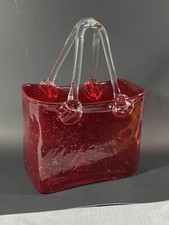 Art Glass Hand Blown Decorative Handled Purse 11  Handbag Red Vase Planter Gift