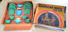 Antique Akro Agate Little American Maid Children's 17 Pc Octagon Tea Set w Box