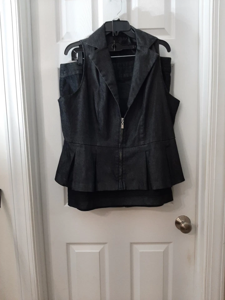 ASHLEY STEWART Vest Skirt Set Size 16W Women’s 2 PC Black Denim Back Skirt Slit - Image 3 of 4