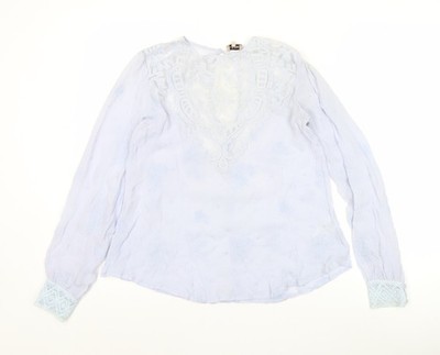byTiMo Damen Tunika Bluse blau bestickt Spitze Langarm Größe S
