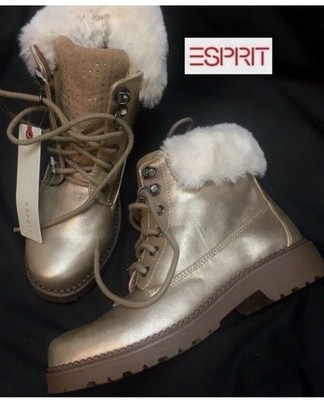 NWT ESPRIT Women's 8 Chelsea 2 Faux Fur Rhinestone Boots in gold-tone