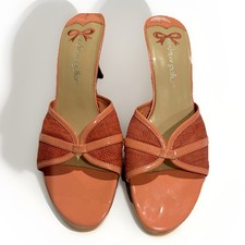 Vintage 90s Y2k Woven Kitten Heel Sandals Low Mules Slip On Peachy Coral 7.5